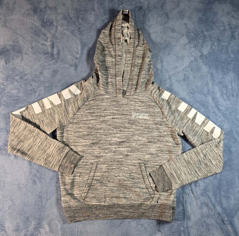Victoria’s Secret PINK Hoodie Women’s Large Gray Marled Logo Sleeve Pullover